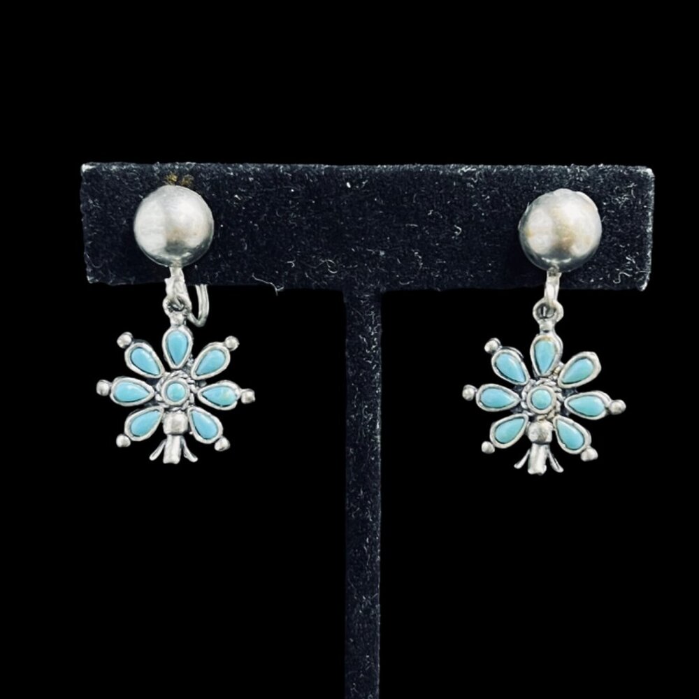Sancrest R Silver Tone And Faux Turquois Flower Clip On Earrings Signed (5264)